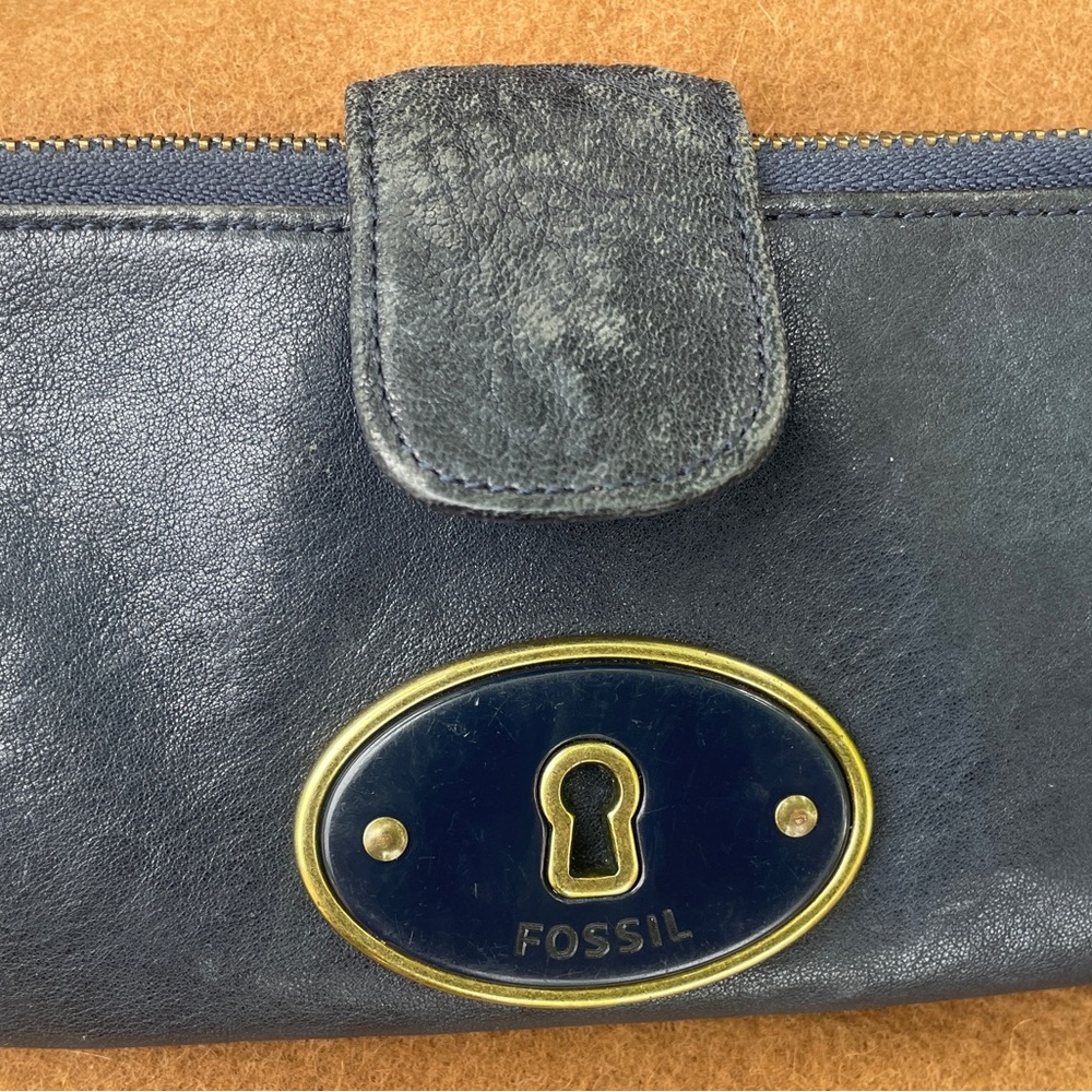 Fossil Blue Leather Pouch with Silver Details